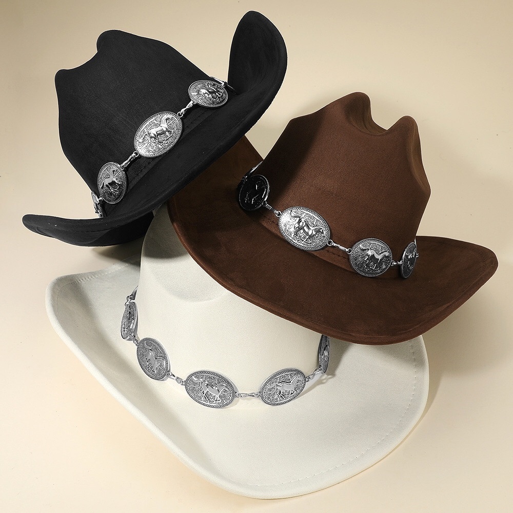 Black Western Cowboy Fedora Hat with Silver Concho Horse Chain Band